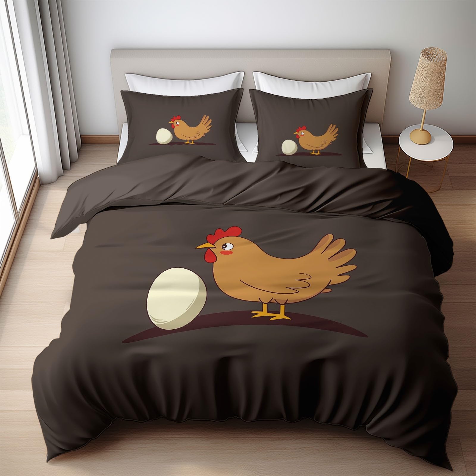 Brown Duvet Cover King Size Simple Cartoon Chicken Reversible 3 Pieces Duvet Cover Set, Bedding Set for All Season, Soft and Breathable Bedding Set with Zipper Closure