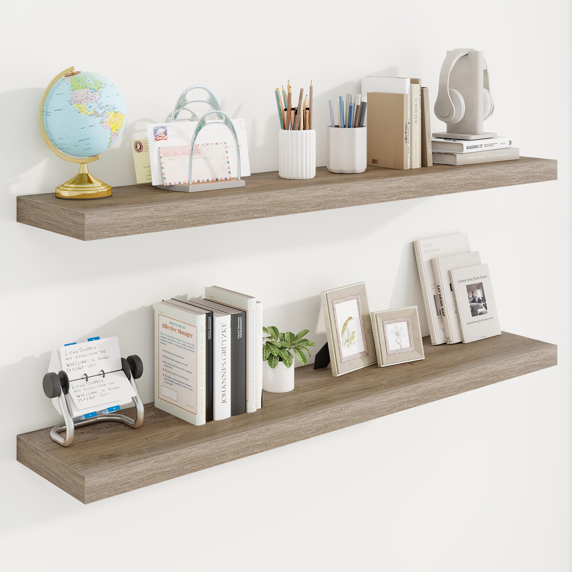 Acovy 120cm Floating Shelves, 23.5cm Deep Floating Shelf Wall Mounted, 120cm Wall Shelves, Rustic Deep Bookshelf, Large Display Shelves & Storage Shelves for Bedroom, Living Room, Grey, Set of 2
