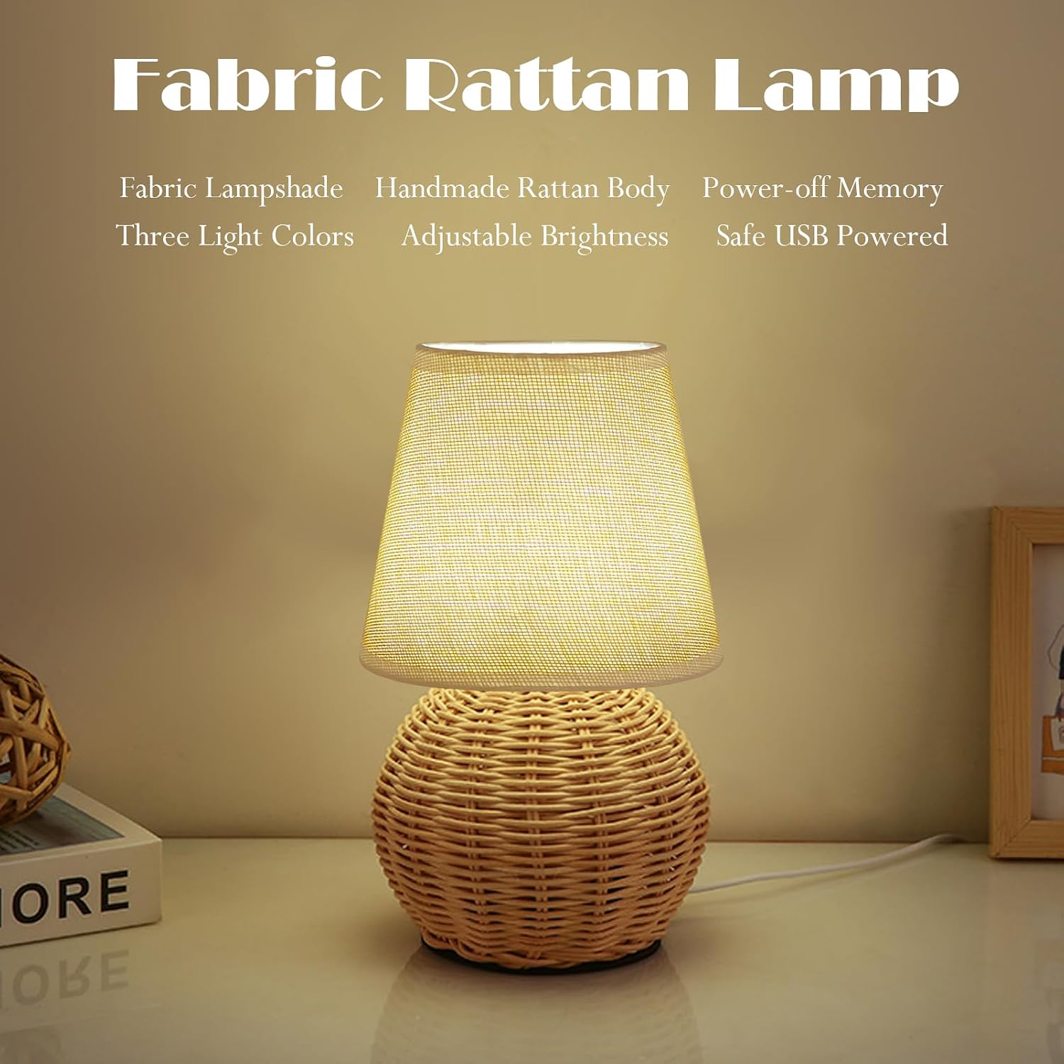 vintage small wicker lamp, rattan body fabric lampshade, adjustable light color and brightness, power-off memory, safe usb powered, boho style night light for bedroom living room (flaxyellow)