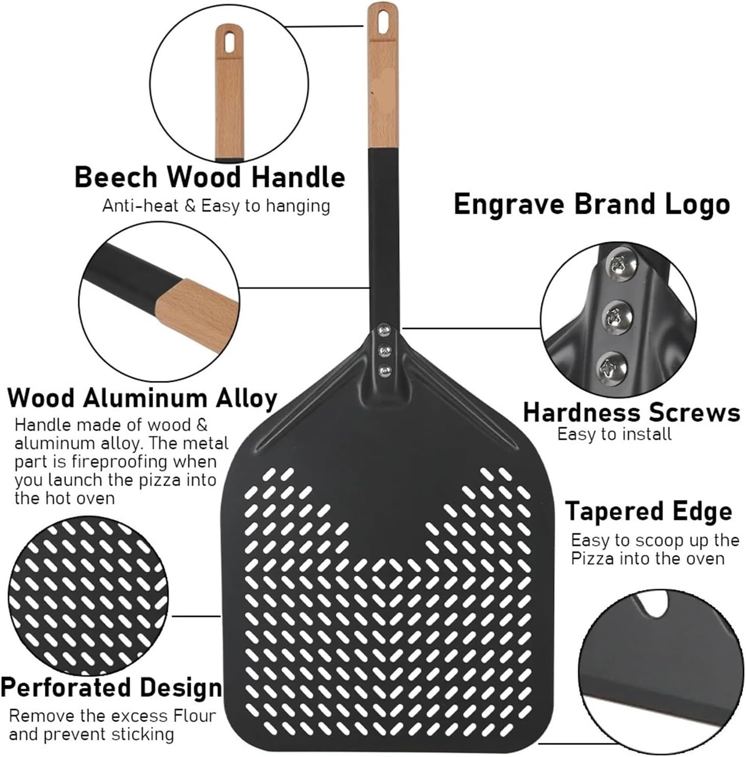 12/13/14/ Inch Pizza Peel Wood Aluminum Alloy Handle Shovel Retangular Paddle Oven Accessories(7 inch and 12 inch)