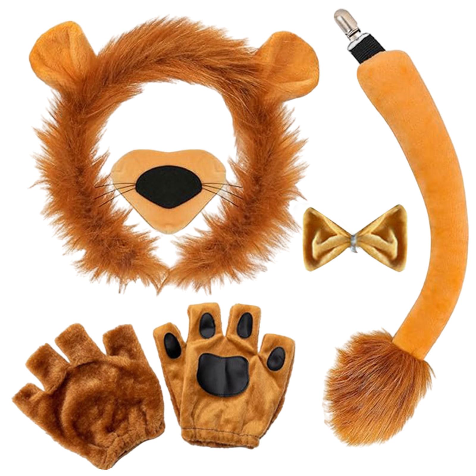 FUIPVGI Kit de accesorios de disfraz de león de 5 piezas, orejas de león, diadema de felpa, cola, nariz, pajarita y guantes, juego de disfraz de animal, para niños y adultos, regalos de fiesta