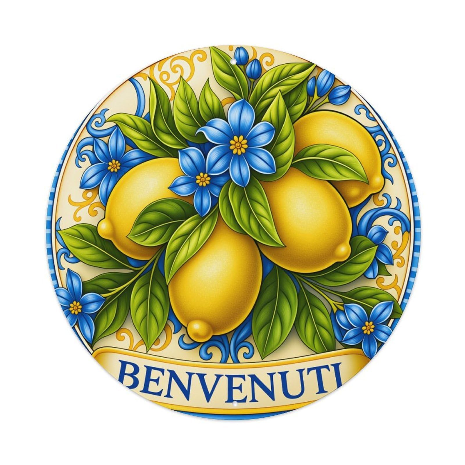 Lemons Flowers Leaves Blue Yellow Round Tin Sign Vintage Metal Poster Retro Bar, Home, Man Cave, Kitchen, Laundry Room Wall Art Decor Gift 8x8In