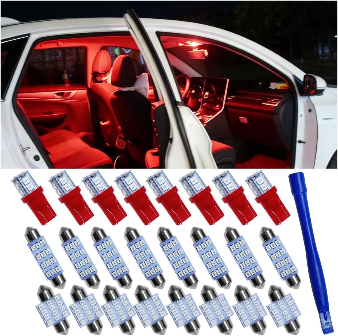 24PCS Car Interior LED Bulbs Kit, 12V T10 31mm 42mm Car Dome Light with Removal Tool, Universal Automotive License Plate Bulbs Replacement for Map/Door/Trunk/Courtesy Light (Red)