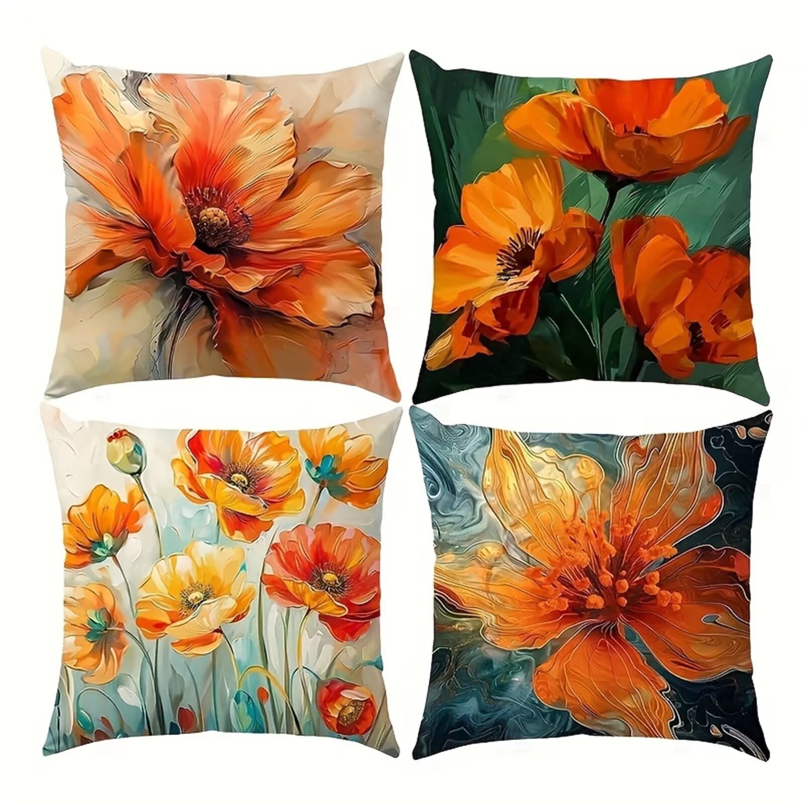 QiHon Cushion Covers 45x45 cm Set of 4 Watercolour Flowers Linen Square Pillow Cases 18x18 inch Modern Decorative Throw Pillow Covers for Sofa Couch Bedroom Home Office with Invisible Zipper