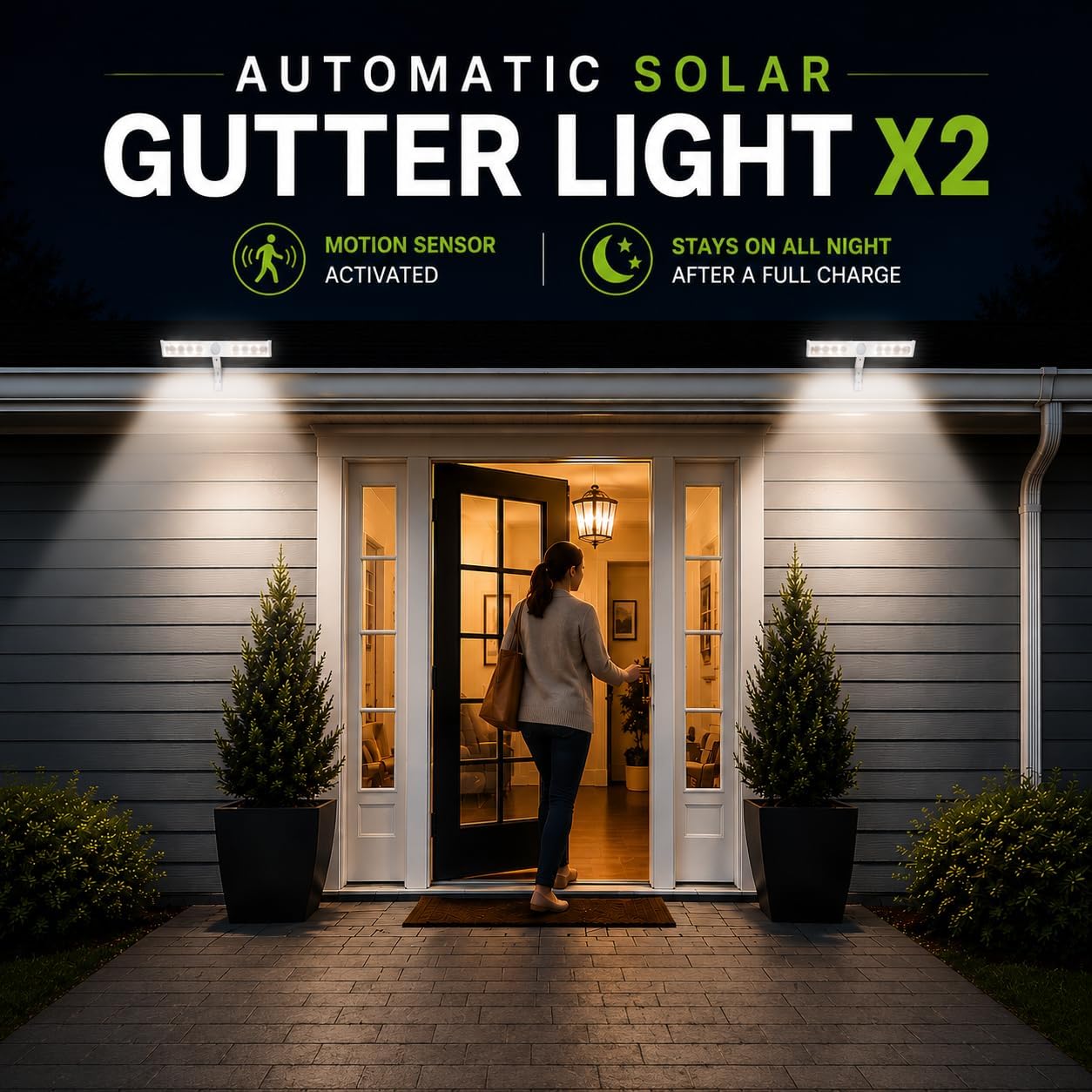 2-Pack NiteBrite Solar LED Motion Sensor Security Lights, Automatic Dusk to Dawn Outdoor Accent Lighting, Match Exterior, Weather-Resistant, Mounts to Gutters, Fences & Houses, Enhances Home Security
