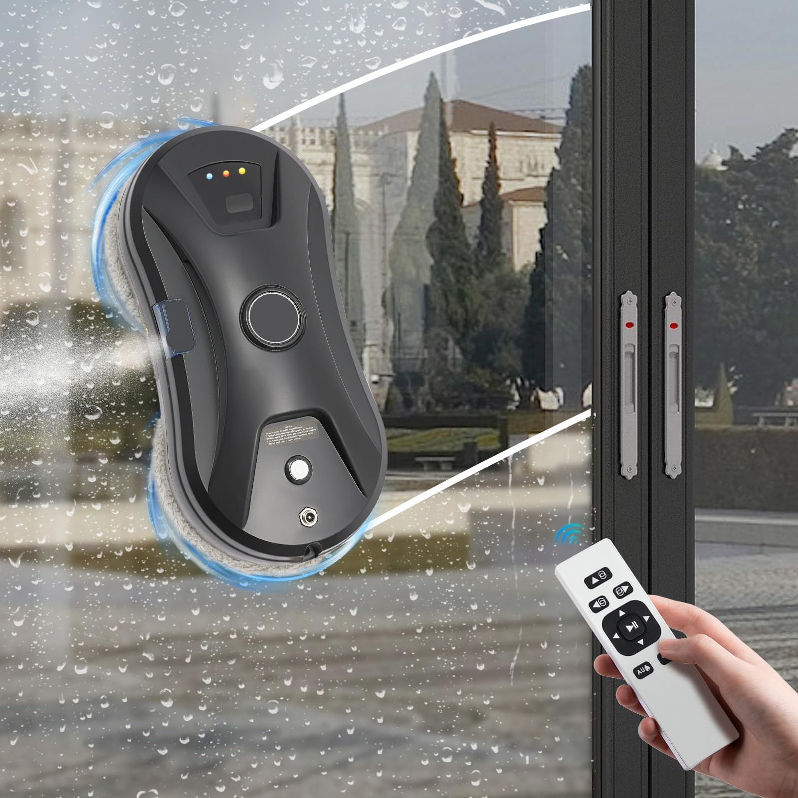Robot limpiador de ventanas automático con spray de agua 2800 Pa limpiador de ventanas con 10 paños de limpieza, mando a distancia, robot limpiador de ventanas con cuerda de seguridad