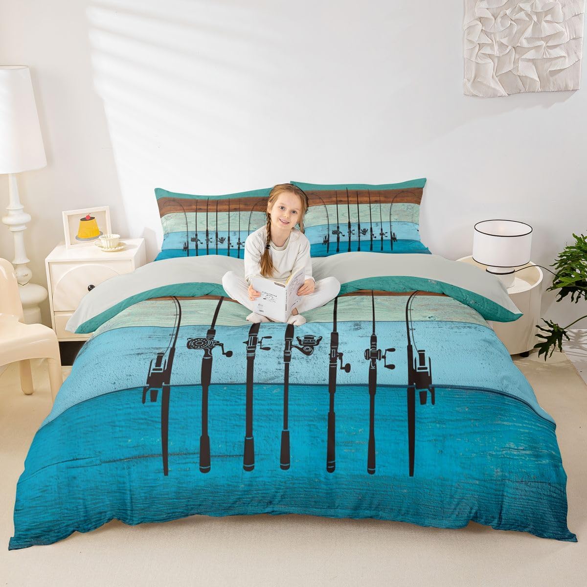 Fishing Comforter Cover Queen Fishing Pole Duvet Cover Fishing Gifts for Men,Vintage Rainbow Wood Bedding Set Go Fish Quilt Cover,Angle Hook Fishing Accessories Rustic Home Decor,Watercolor