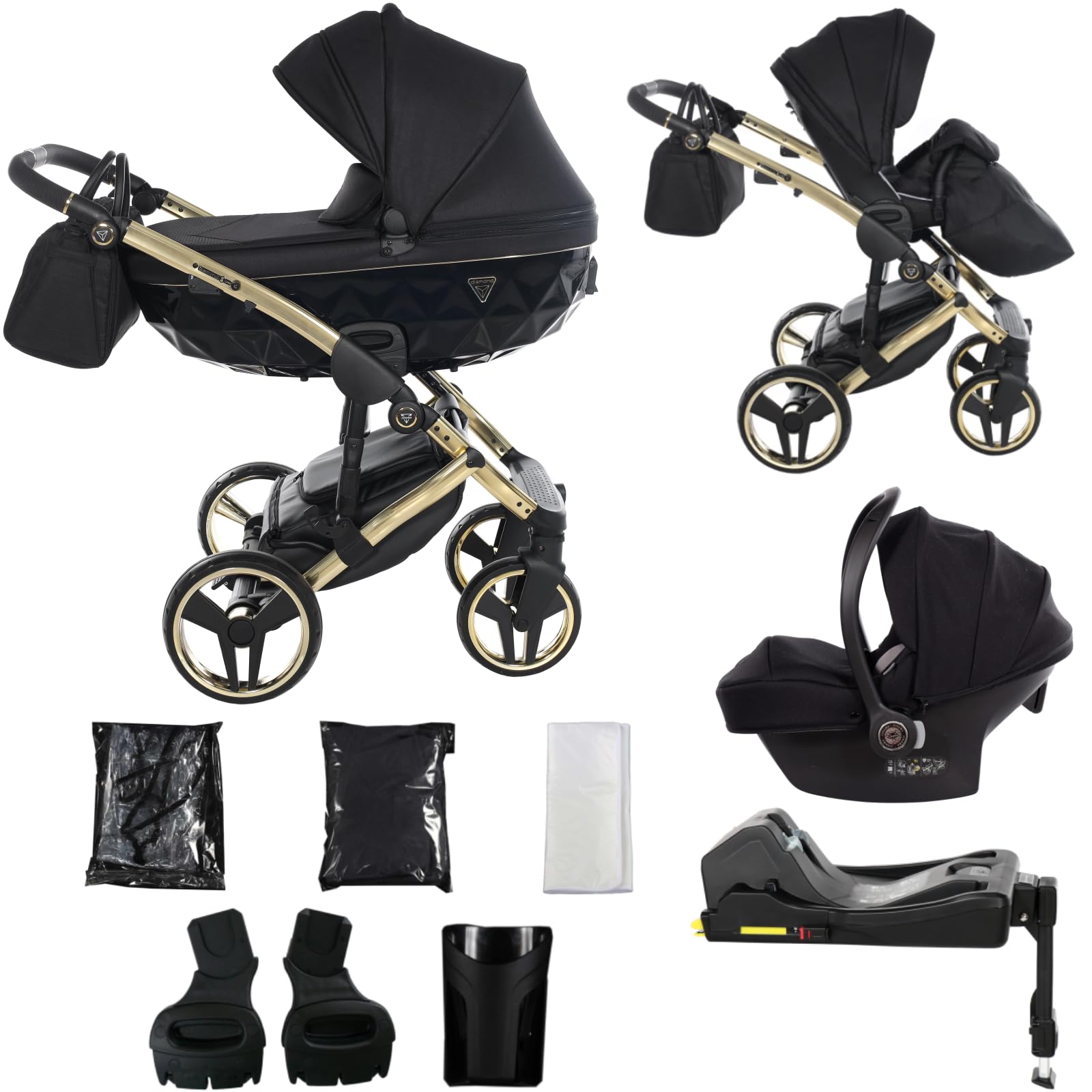 Junama Passeggino TRIO Diamond S 2in1 3in1 4in1 (02 - nero e oro, 4in1 con base ISOFIX)