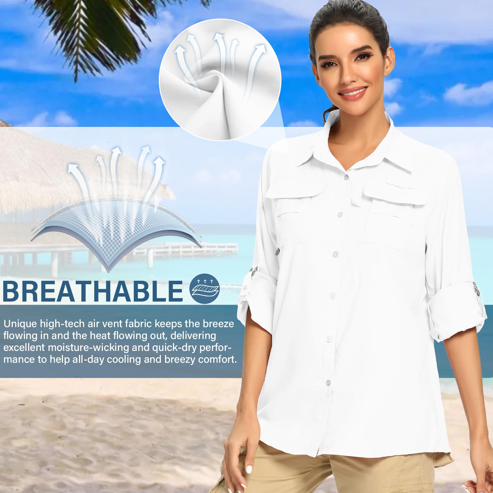 Camisas de safari de manga larga UPF 50 para mujer, protección solar UV, secado rápido, para pesca, senderismo, viajes