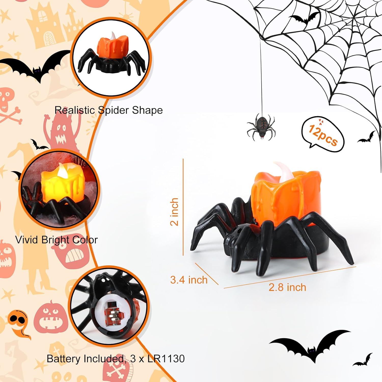 YBB 12 Pcs Halloween Spider Tea Lights, Novelty LED Flameless Spider Candle Holder Battery Operated Orange Tea Lamps for Halloween Party Table Home Spooky Decor