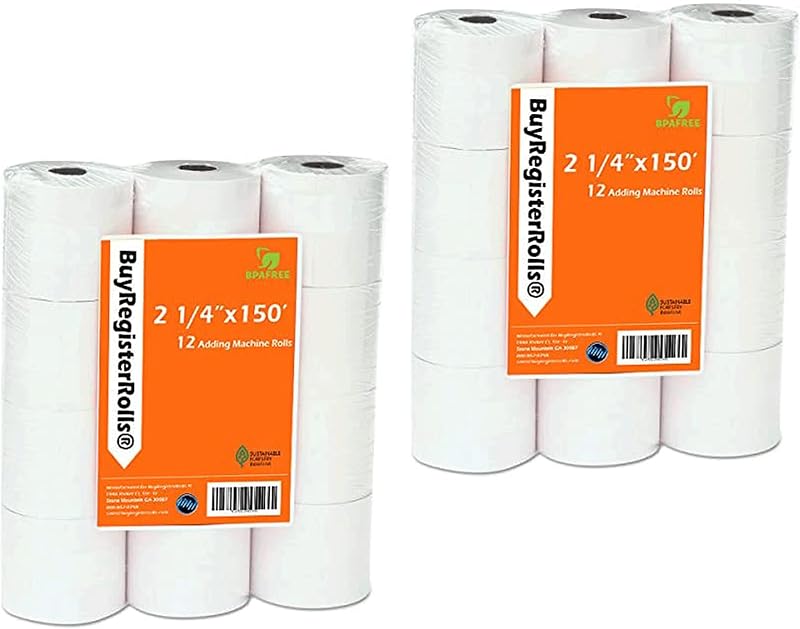 (24 rollos) 2 1/4 x 150 pies Rollos de papel de cinta para máquina sumadora blanca Registro de una capa premium Máquina sumadora/calculadora Rollos de papel Calculadora de impresión 10 teclas