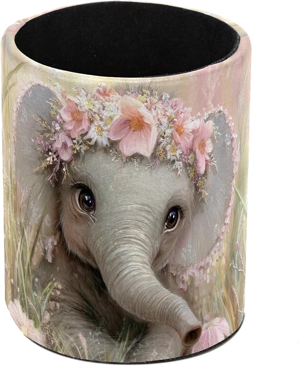 Cute Elephant Leather Pen Holder for Desk, Multifunctional Desktop Organizer Pencil Cup, Desktop Caddy Stationery Organizer for School Home Office Desk Accessories