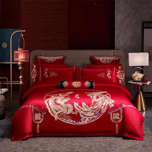 Miniatura 45 de Luxury Double Happiness Dragon and Phoenix Bird Embroidery Chinese Wedding Red Bedding Set King Queen Size 100% Cotton Embroider Red Wedding Duvet