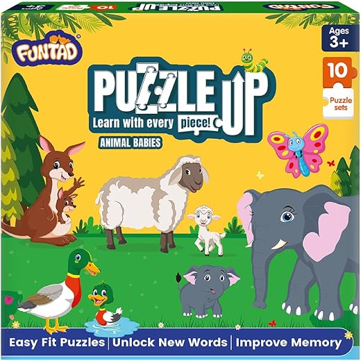 Funtad PuzzleUp Learn Animal Babies | 10-in-1 Entry Level Puzzle | 45 Big Size Jigsaw Pieces | Montessori Educational Toy ...