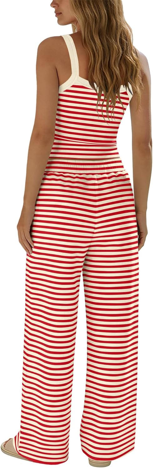 Nirovien Womens Lounge Sets Striped 2 Piece Outfits Spaghetti Strap Tank Tops and Wide Leg Pants Vacation Travel Sets