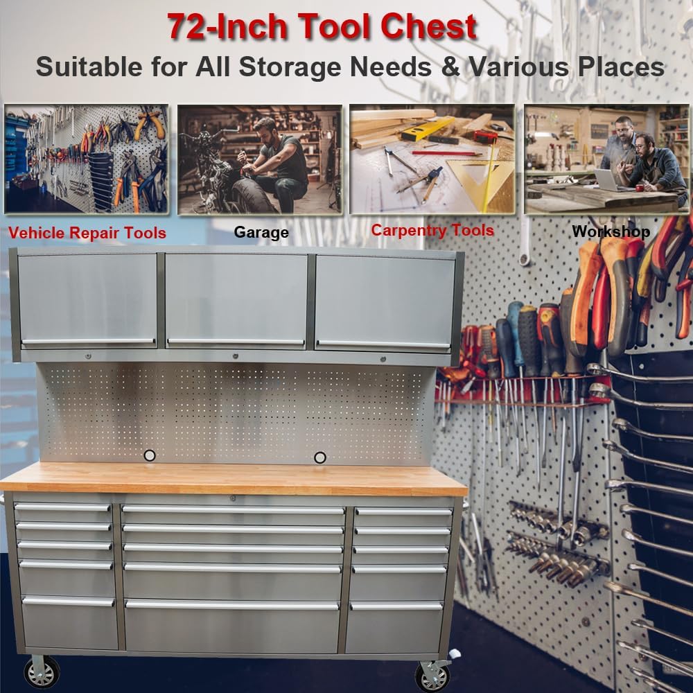 72-Inch Stainless Steel Rolling Tool Chest with 15 Drawers + 3 Upper Cabinets, Mobile Workbench, Assembled Large Tool Box Lockable Storage Cabinet with Wheels for Garage Workshop