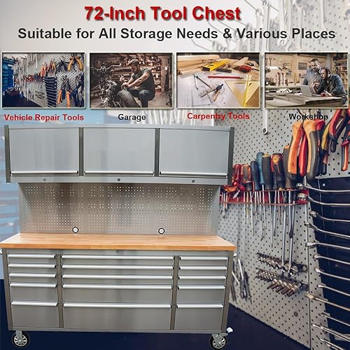 Miniatura 6 de Baúl de herramientas rodante de acero inoxidable de 72 pulgadas con 15 cajones + 3 gabinetes superiores, banco de trabajo móvil, caja de
