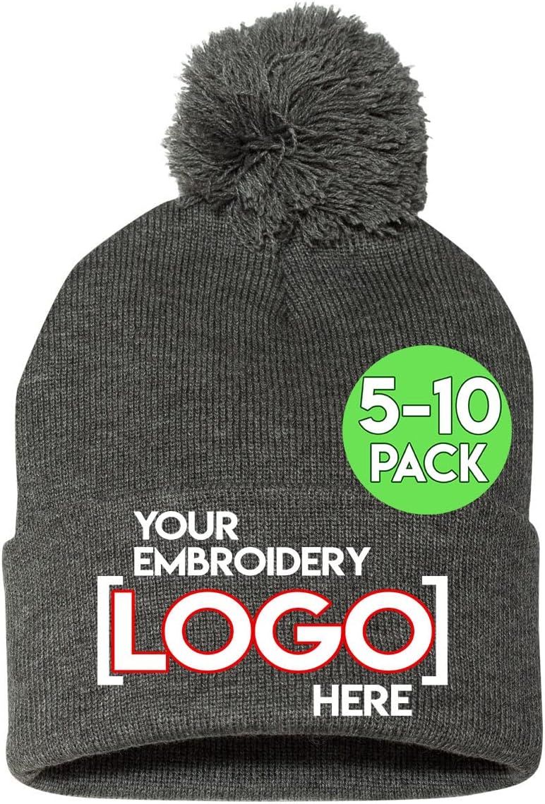 Custom Logo Pom Pom Beanies, 5 or 10 Pack - Add Your Logo - Personalized Winter Knit Caps with Pom-Pom on Top