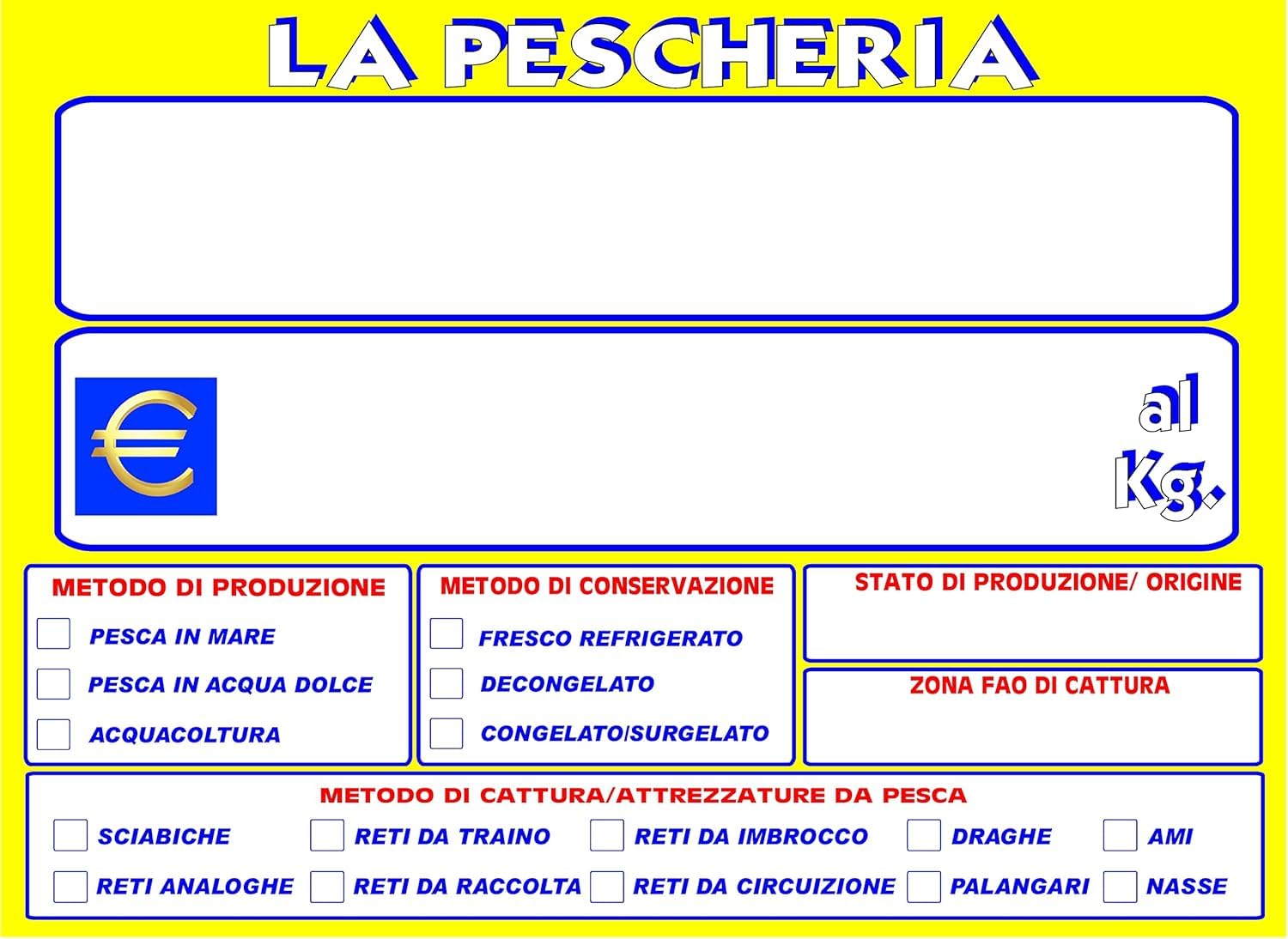 KIT 30 SEGNAPREZZI PLASTIFICATI PESCHERIA 11,1X15,6 cm. + 30 SUPPORTI + 1 PENNARELLO NERO