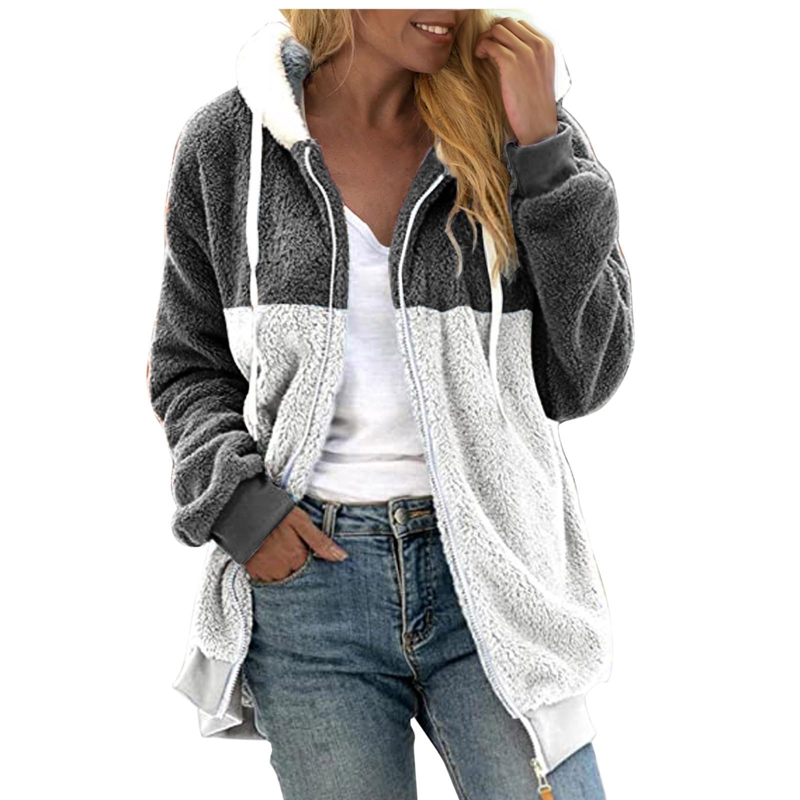 Generico Sudaderas Largas Algodón Mujer con Cremallera Sin Capucha - Top Blanco Mujer Elegante Oversize Hoodie Ligero Moda Térmica Felpa Suave con Bolsillos Cómodos Ropa Otoño Casa Al Aire Libre