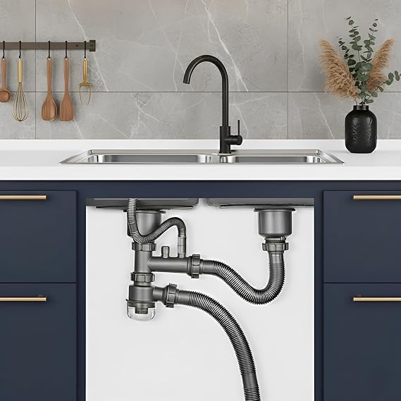 Double Sink Drain Kit, Stainless Steel Kitchen Sink Drain Assembly With Dual Steel Heads, 110 Strainer, Multi Function P Trap, 360 Swivel, Anti-Odor Design