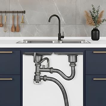 Double Sink Drain Kit, Stainless Steel Kitchen Sink Drain Assembly With Dual Steel Heads, 110 Strainer, Multi Function P Trap, 360 Swivel, Anti-Odor Design