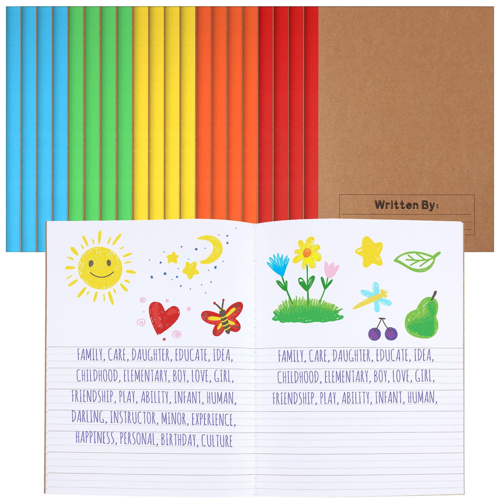 Henoyso Carnet de composition principal en vrac coloré pour enfants, couverture en kraft, journal principal avec dos arc-en-ciel, journal d'écriture manuscrite et dessin pour adultes, fournitures de
