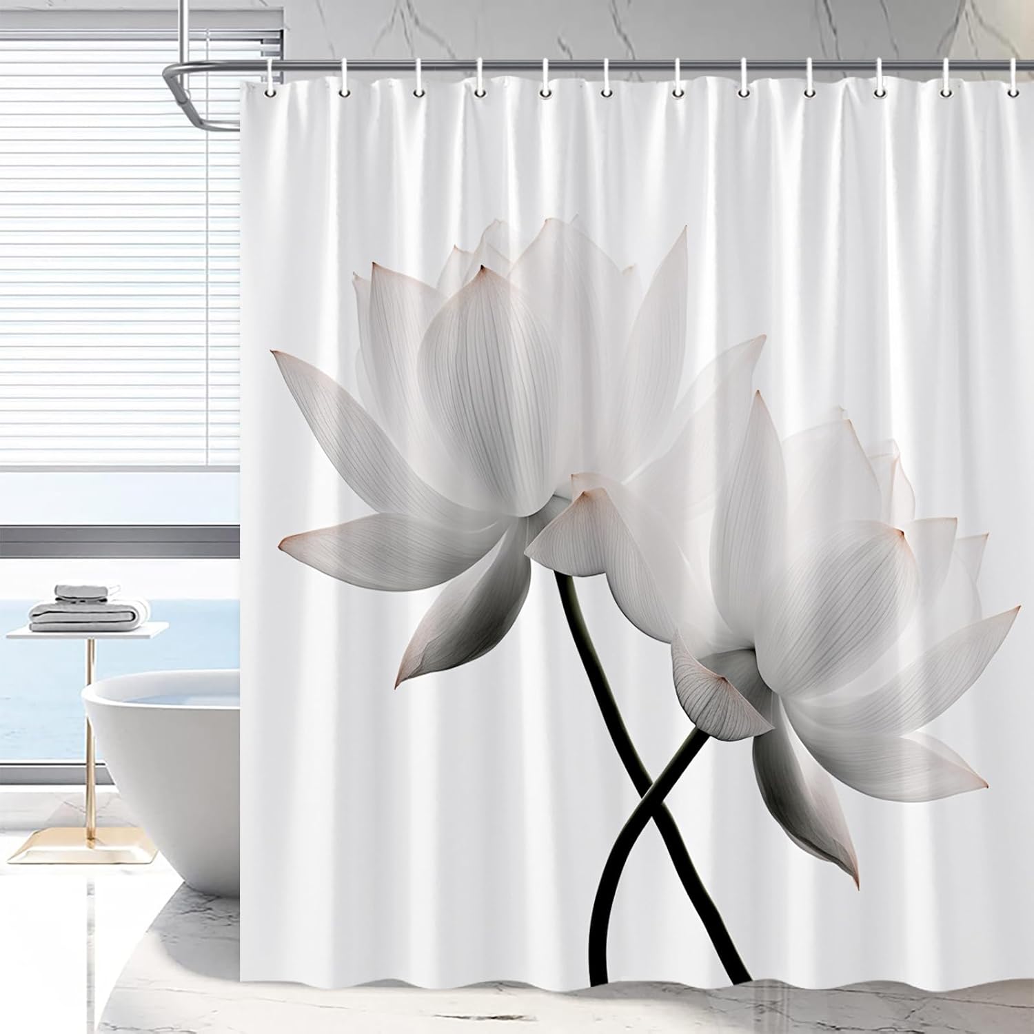 Lotus Shower Curtain Black White Elegant Flower Black Lotus Unique Simple Woman Bathroom Decor with Hooks 108 x 70 in