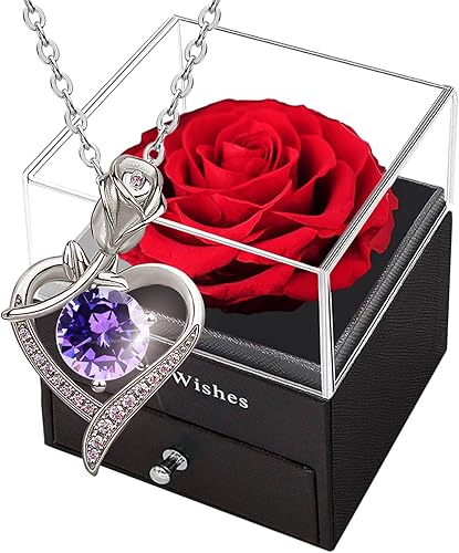 Forever Rose - Caja de regalo con collar  Rosa eterna real con collar de plata de ley 925 en el interior, flor de rosa real encantada para el día de