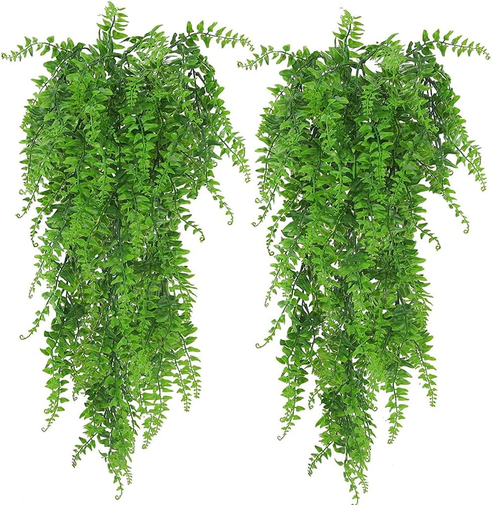 THERESA 2 pcs Artificial Hanging Ferns Plants Vine Fake Ivy Boston Fern Hanging Plant Outdoor UV Resistant Plastic Plants (Green)