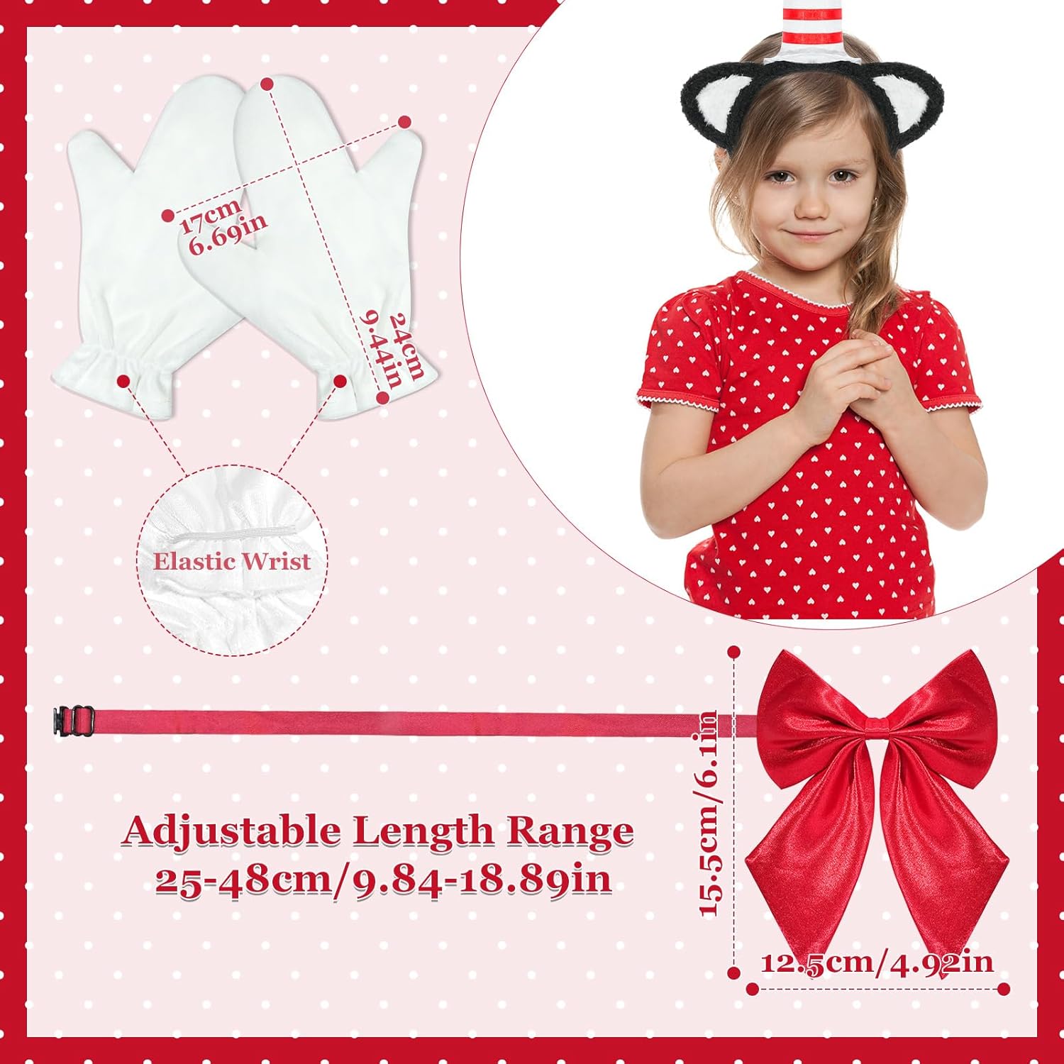 4pcs Cat Ears Headband Bow Tie Set-Bow Tie White Gloves Cat Face Stickers Red and White Headbands with Bow Tie, Cat Hat Costume Set for Book Character Day - Image 4