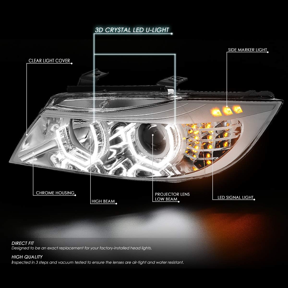 Auto Dynasty (Halogen Model 3D Crystal LED U-Halo Turn Signal Projector Headlight Lamps and Tool Kits Compatible with BMW E90 3-Series 09-12, Driver and Passenger Side, Chrome Housing Clear Lens