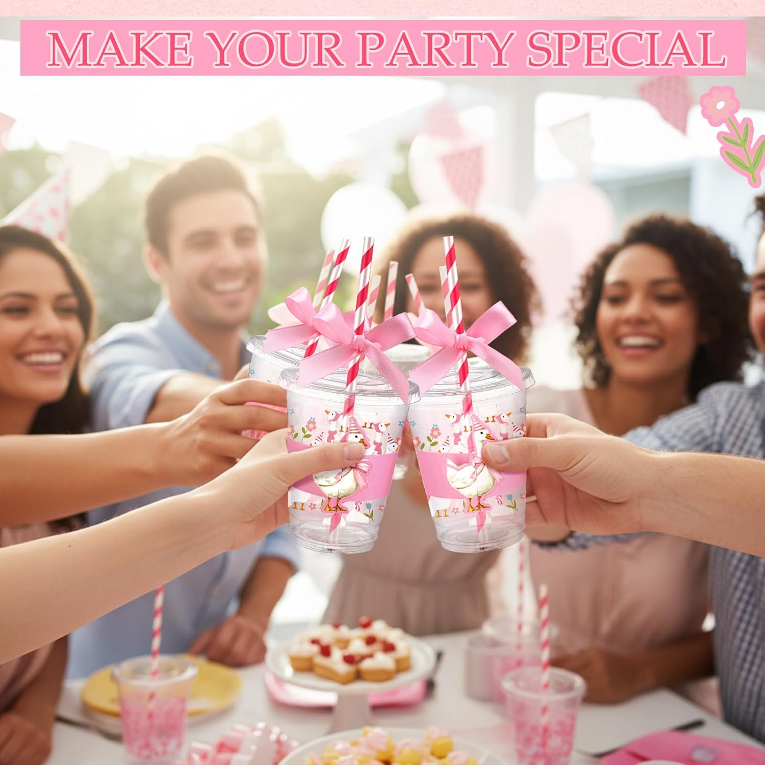 Jingmore 60 Sets Plastic Cups Bulk 12 oz Plastic Disposable Cups with Lids Sleeves and Straws Smoothie Clear Drink Disposable Party Favor Holiday Birthday Wedding Party Supplies(Silly Goose)