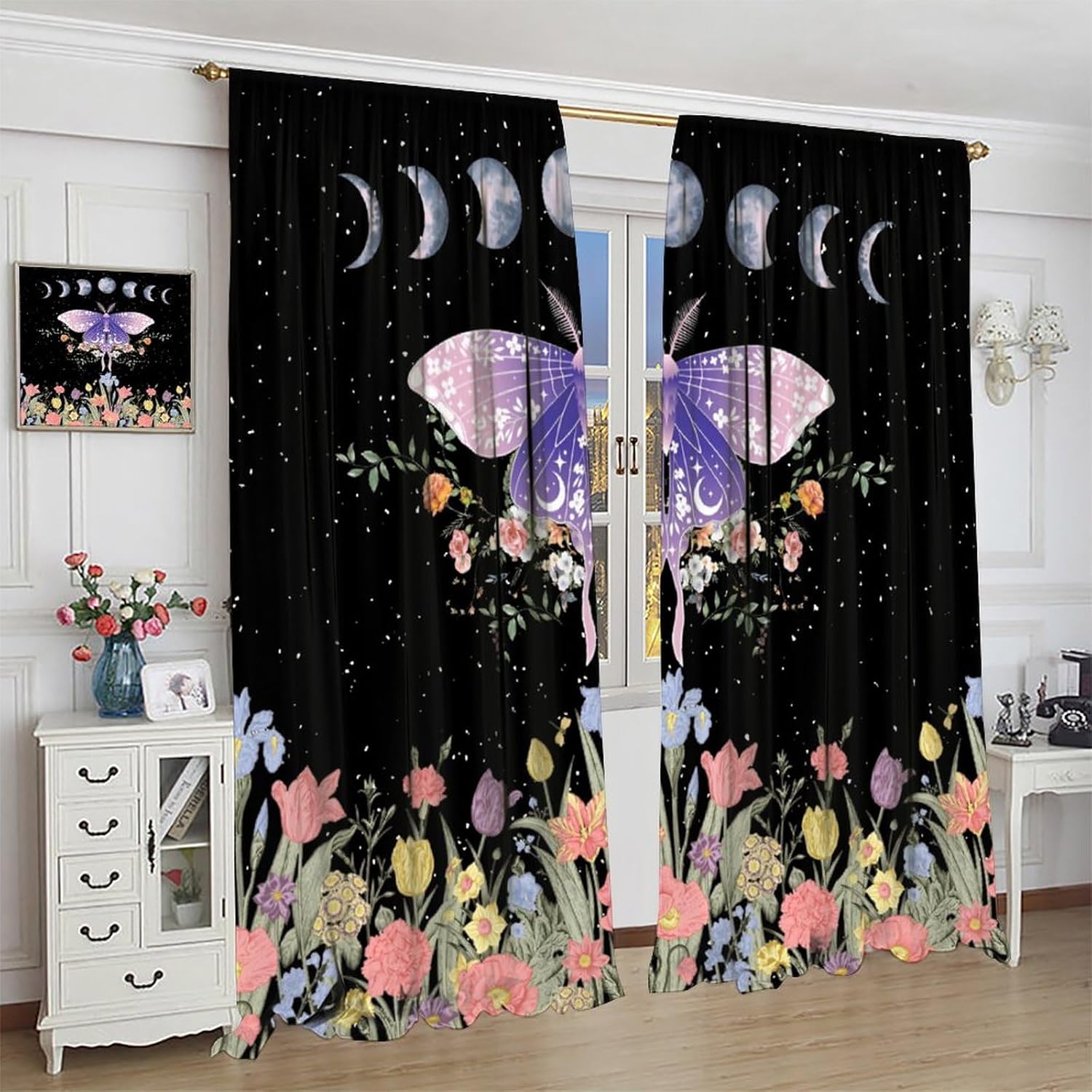 Girls Moth Floral Curtains,Watercolor Purple Butterfly Colorful Flowers Vintage Moon Fantasy Night Blackout Window Drapes for Bedroom Living Room 42" W X 45" L