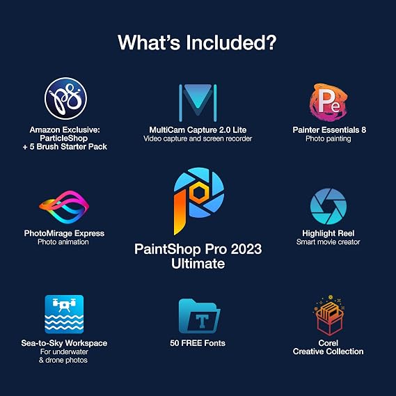 Corel PaintShop Pro 2023 Ultimate | برنامج قوي لتحرير الصور والتصميم الجرافيكي + Creative Suite | ParticleShop + 5 Brush Starter Pack [ PC Key Card ]