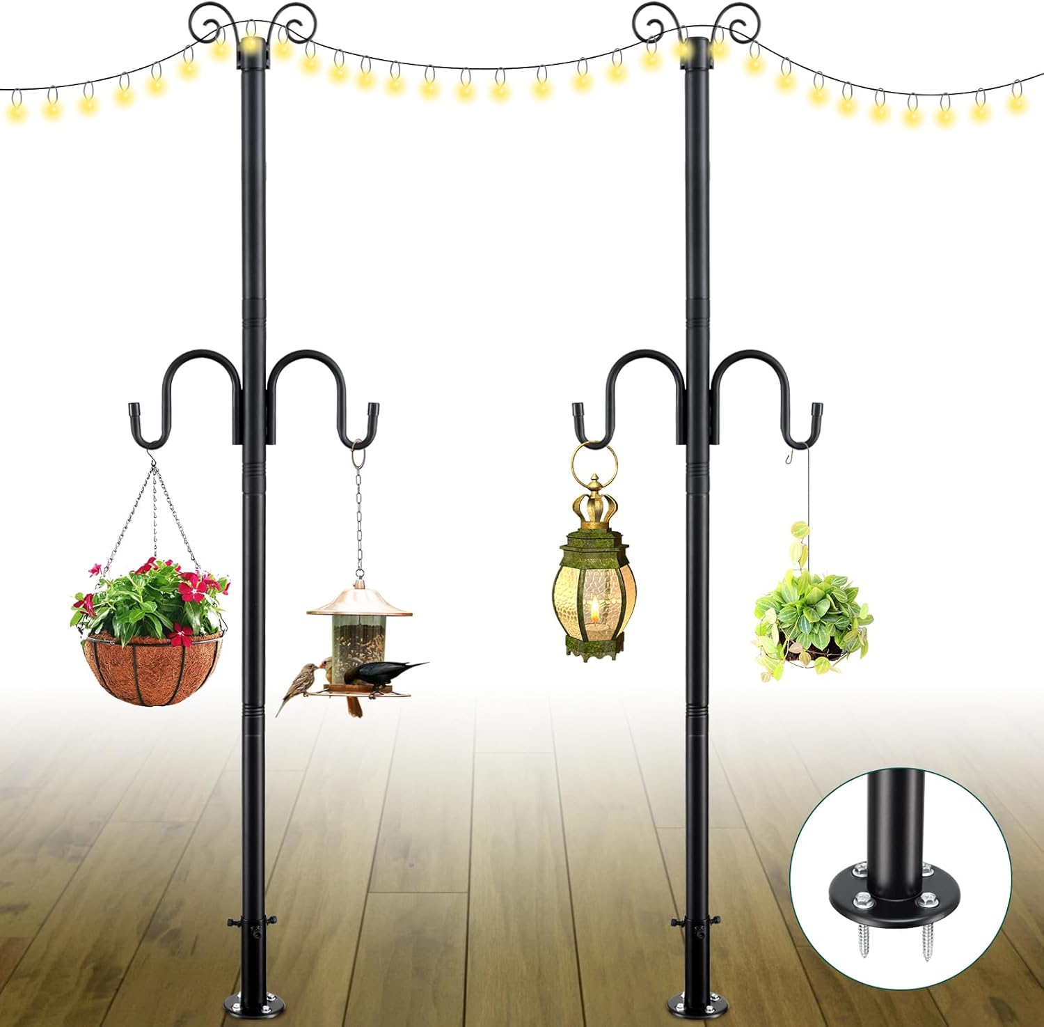 String Light Poles 2 Pack, 10FT Patio Light Poles for String Lights Metal Post Pole with Hooks to Hang Outdoor String Lights, Plant Baskets, Bird Feeder, Matte Black(2pcs)