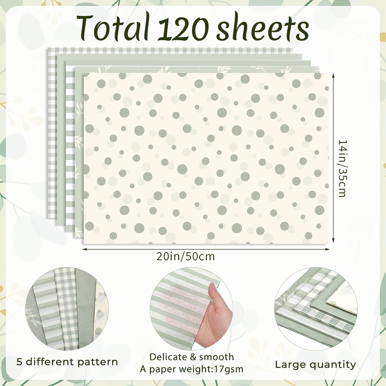 woric 120 Sheets Sage Green Tissue Paper for Gift Bags, Decorative Tissue Paper Bulk with Botanical Gingham for Flower Wrapping Baby Shower Boho Wedding DIY Crafts, 14 x 20 Inch