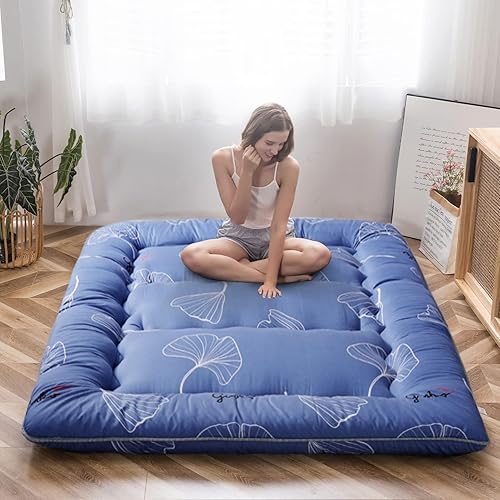 Miniatura 183 de MAXYOYO El mármol negro imprimió el futón japonés, la almohadilla de dormir espesa enrolla el colchón que acampa Mármol negro,Flor 1,floral azul