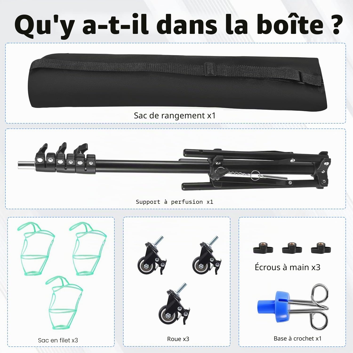 Pied à perfusion avec roulettes, barre IV pliable avec 4 crochets, 3 poches en filet et 1 poche de rangement, pied IV portable, adapté aux hôpitaux et aux soins à domicile