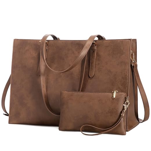 LOVEVOOK Laptop Bag for Women, Fashion Computer Tote Bag Large Capacity Handbag, Leather Shoulder Bag Purse Set, Professional Business Work Briefcase for Office Lady, 2PCs, 15.6-Inch, Deep Plum