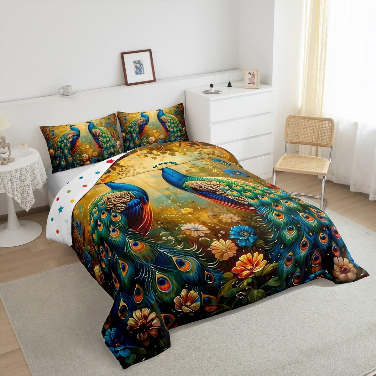 jejeloiu Peacock Bedding Set King Size Beautiful Bird for Adult Kids Boys Girls Green Blue Duvet Set Comforter Set Flower Floral Quilt Set 3Pcs