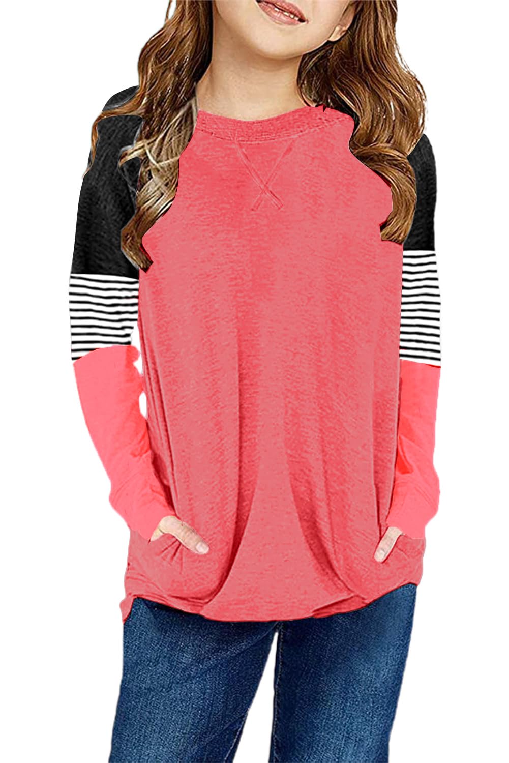 SELINK Girl's Casual Big Kids Long Sleeve Striped Color Block Tees Pockets