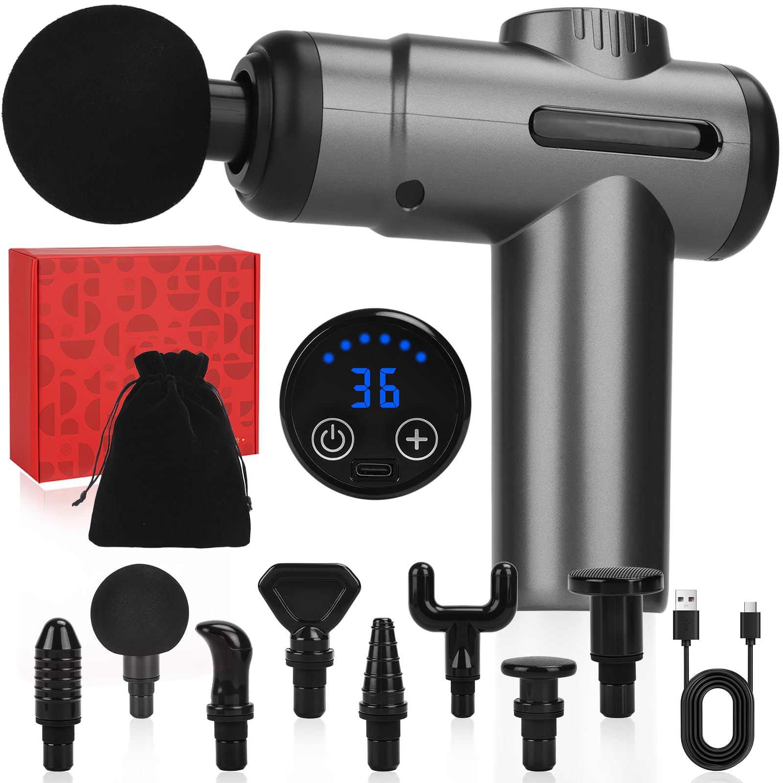 Pistola de Masaje Muscular,Masajeador Muscular Portátil,99 Niveles Ajustables,8 Cabezales de Masaje,Pantalla Lcd y Carga USB,Profesional Massage Gun para Aliviar el Dolor Muscular
