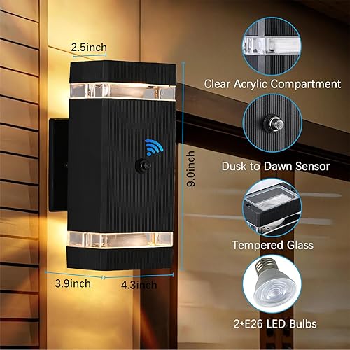 Miniatura 19 de Paquete de 4 lámparas de pared del anochecer al amanecer, modernas luces de pared para exteriores con bombillas LED, lámpara cilíndrica negra