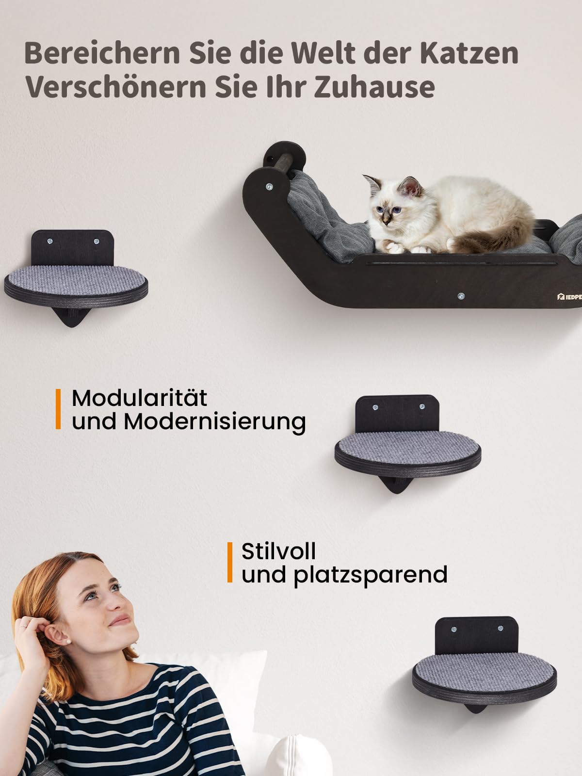 Kletterwand Katzen Set mit Katzenbett und Katzentreppe, Katzenmöbel aus Holz, Katzen Wandelemente Multifunktional zum Schlafen, Spielen und Klettern