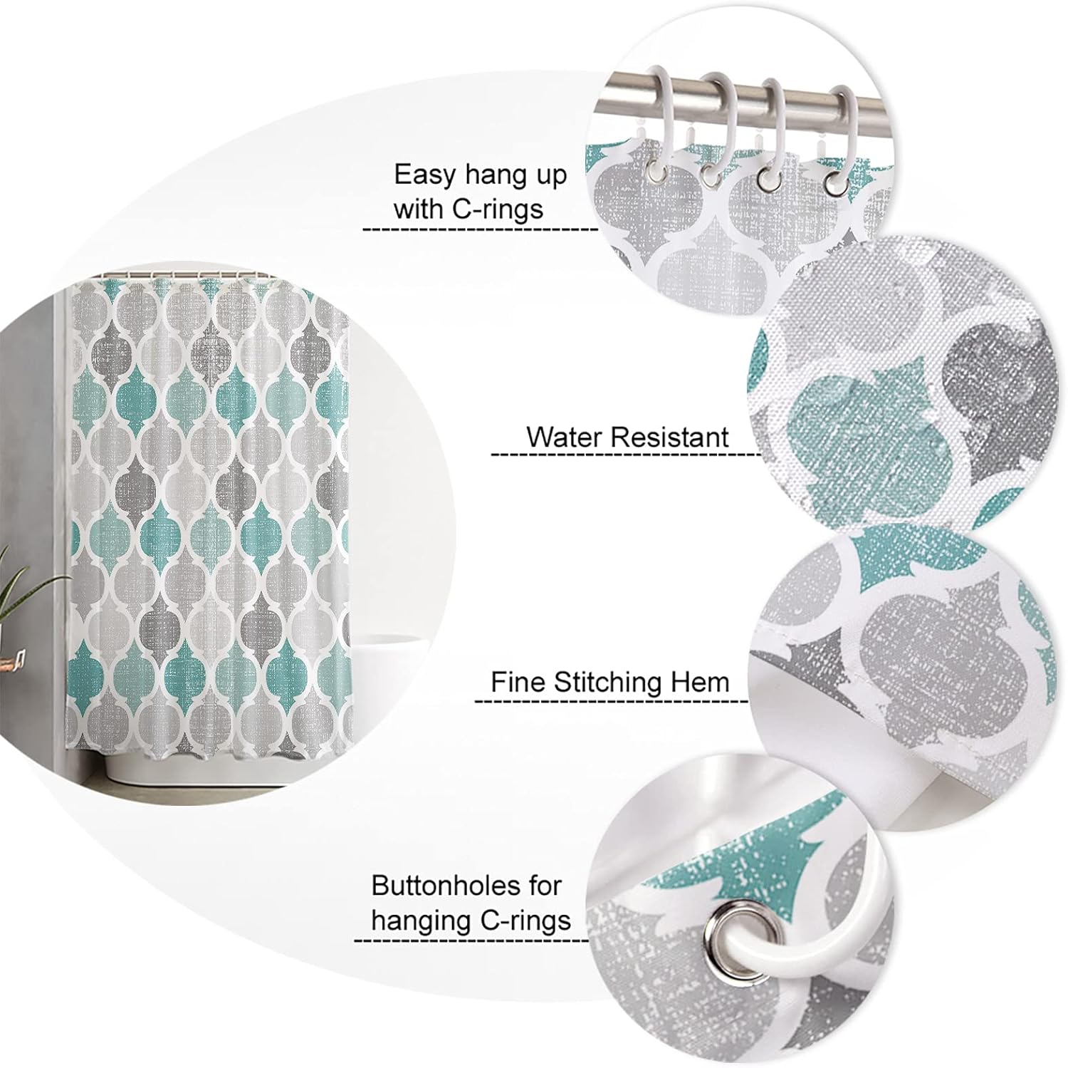 Shower Curtain Geometric Morocco Quatrefoil Lattice Turquoise Grey Waterproof Fabric Shower Curtain Set with 12 Plastic Hooks, Winter Holiday Decor for Bathroom Home Hotel, 48" W x 72" L