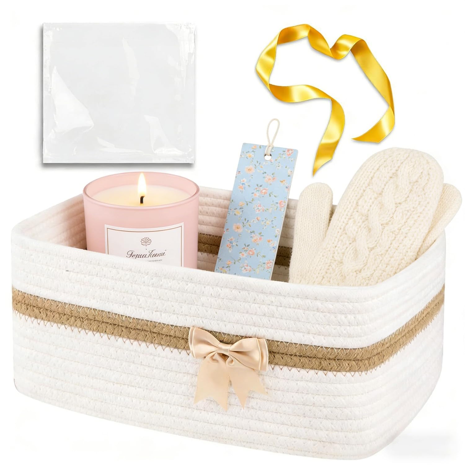 Chiziyixin Hamper Baskets for Gifts Empty, Small Woven Hamper Kit with Cellophane Bag And Ribbon, Suitable for Baby Shower, Birthday, Christmas, Graduations, Housewarming, Easter, 30*20*12cm (White)