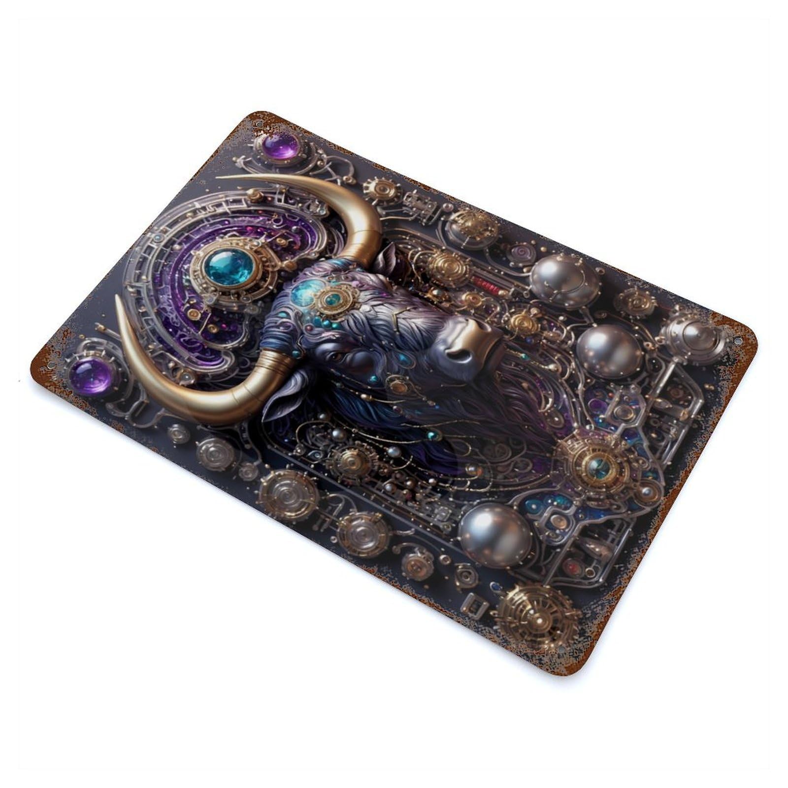 Steampunk Bull Portrait Rust Effect Tin Sign 11.8"x7.9", Ideal for Garage, Bar And Workshop Decor