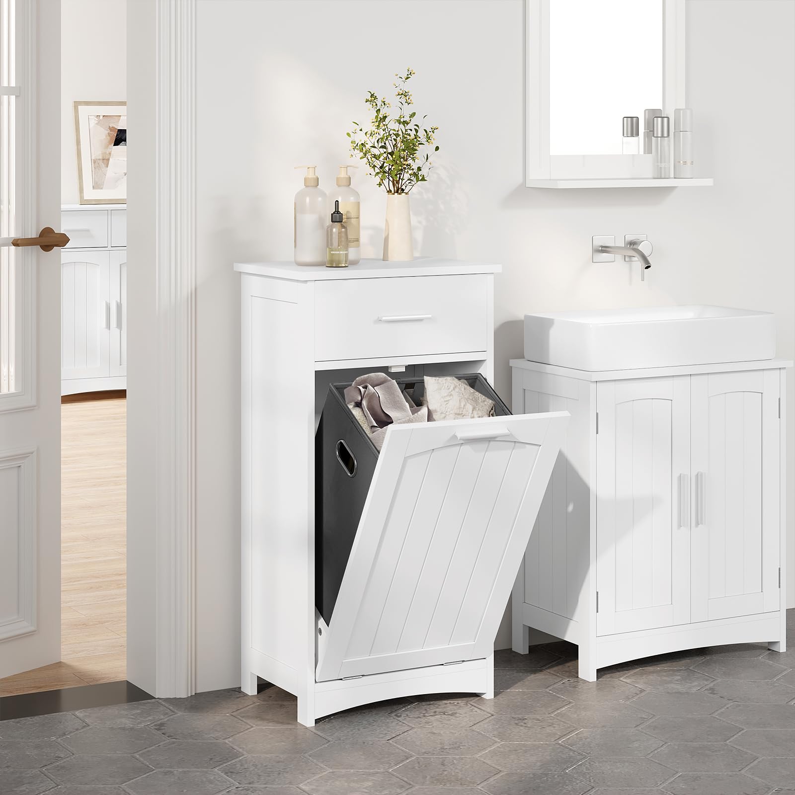 EUGAD Mobile da Bagno con Portabiancheria, Cesto Portabiancheria, Mobiletto da Bagno con Cassetto, Portabiancheria a 2 Scomparti, in MDF e Tessuto, Bianco, 42x30x82cm