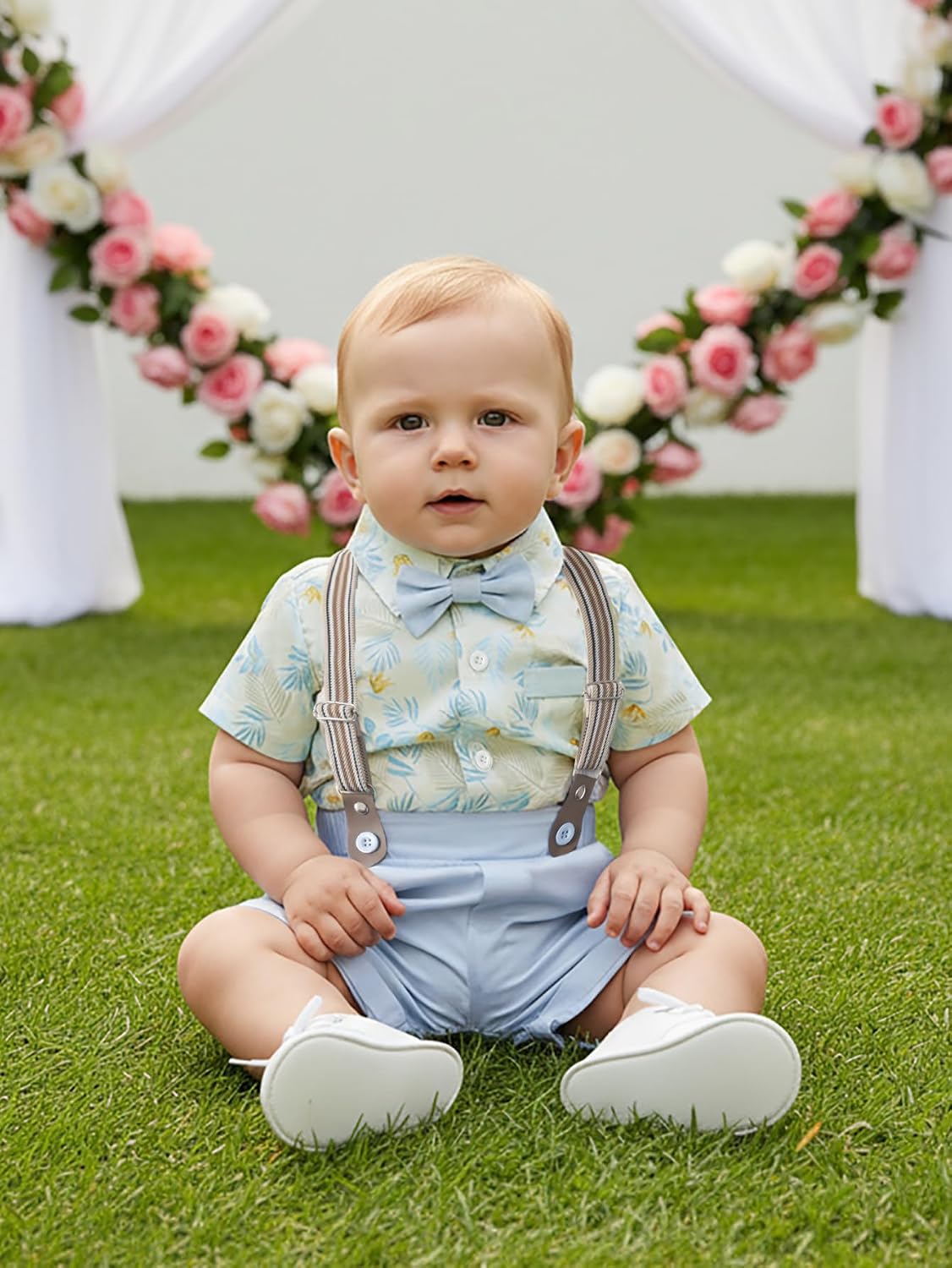 Boarnseorl Baby Boys Shorts Sets, Infant Shirt+Shorts+Bow Tie+Suspenders Outfits Suits